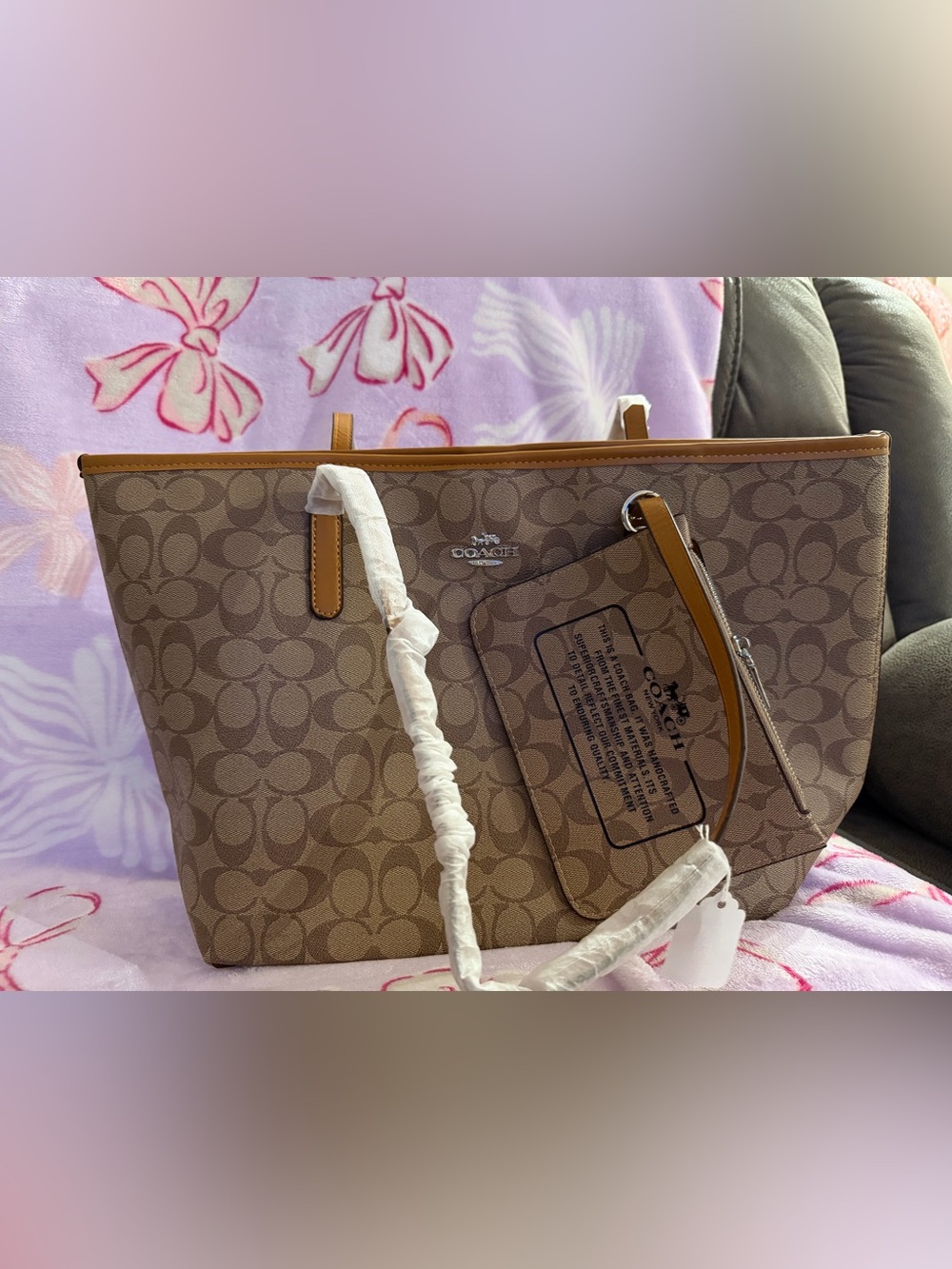 Tan/Brown Signature Canvas Tote with Pouch